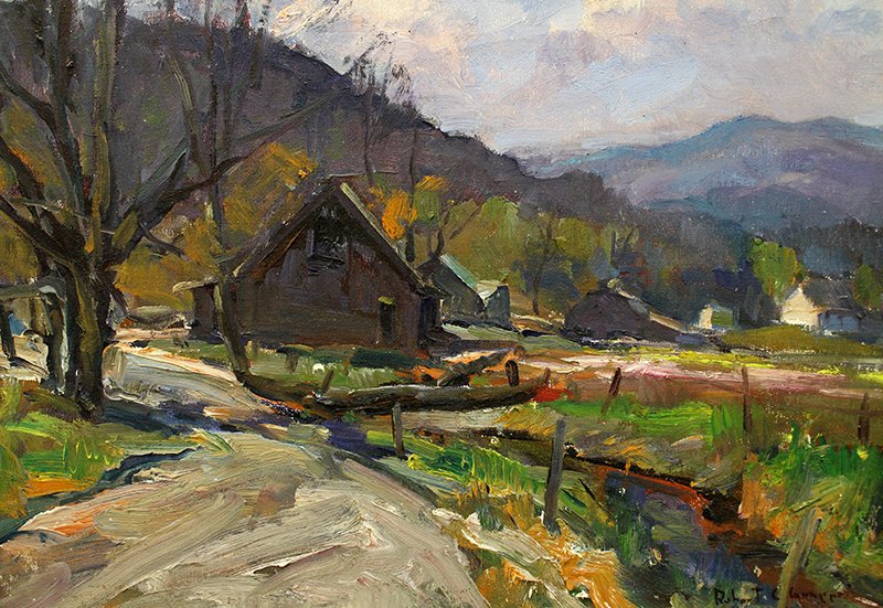 ROBERT GRUPPE PAINTING: Robert Gruppe (American b.1944) Oil on canvas Vermont farm. Measures 16" x 20" on canvas and 26" x 29 3/4" with frame.