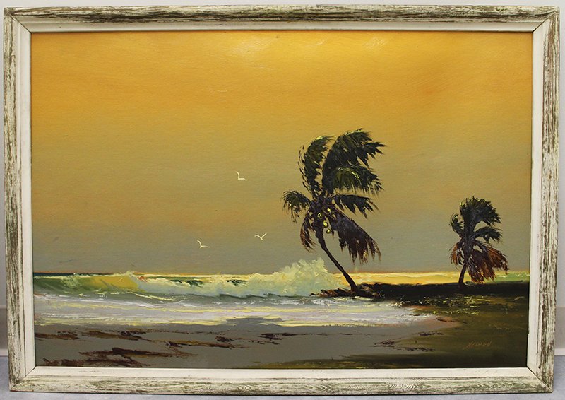 SAM NEWTON HIGHWAYMEN PAINTING: Sam Newton (American 20th century) Highwaymen painting on upson board of a sunset Florida beach. Signed lower right. Measures 36" x 24" on board and 37 1/4" x 26" with frame.