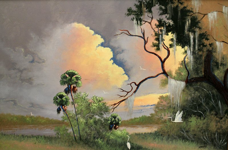 JOHNNY DANIELS HIGHWAYMEN PAINTING: Johnny Daniels (American 1954-2009) Florida highwaymen painting on canvas. Signed lower right J Daniels and dated on back 1981. Measures 36" x 23 1/2" on canvas and 37 1/2" and 25 1/2" with frame.