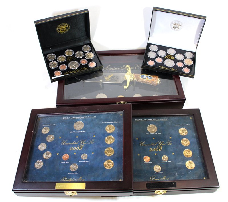 UNITED STATES COIN SETS: Uncirculated year sets, Philadelphia & Denver mint sets, American Bald Eagle knife with coins (some silver).