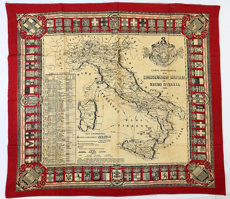19TH CENTURY ITALIAN HANDKERCHIEF: 1884 Military Districts of Italy handkerchief. Measures 25" x 22" wide.