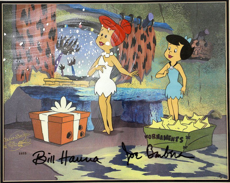 FLINTSTONES SIGNED ANIMATION CEL: Hanna Barbera Animation Art, signed by Bill Hanna & Joe Barbara. Cel is from the 1993 Flintstones Christmas. Measures 22 1/2" x 20" with frame.