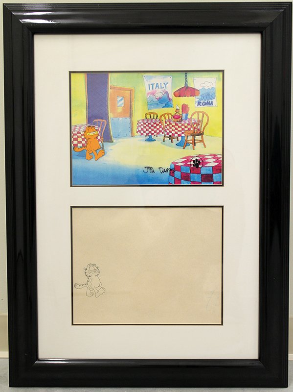 GARFIELD ANIMATION ART PRODUCTION CEL: Garfield cartoon animation cel titled "Satisfied Stroll." Signed by Jim Davis. Measures 30 1/2" x 22 1/2" with frame.