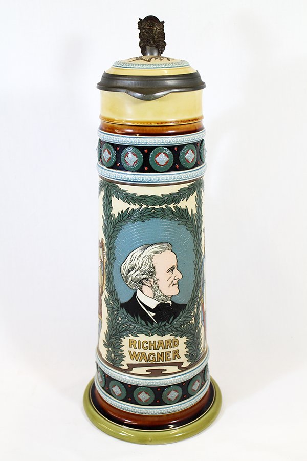 METTLACH BEER STEIN 2797 RICHARD WAGNER PORTRAIT STEIN: 19" Tall Villeroy & Boch Mettlach 4 liter beer stein with Richard Wagner portrait on front. Stein is musically inspired with harps and musicians.