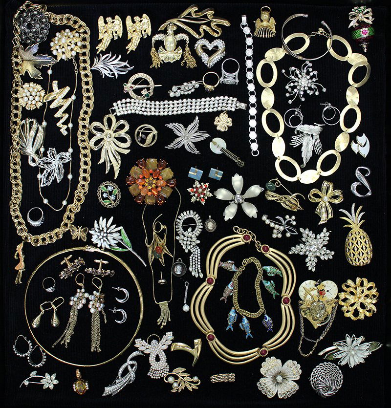 VINTAGE COSTUME JEWELRY: Nice assortment of bracelets, earrings, necklaces, & rings including Coro, Krementz, Gold Filled, Sterling, Trifari, RL Brazil, Sarah Coventry, Monet, Swank, JJ, Napier, & more.