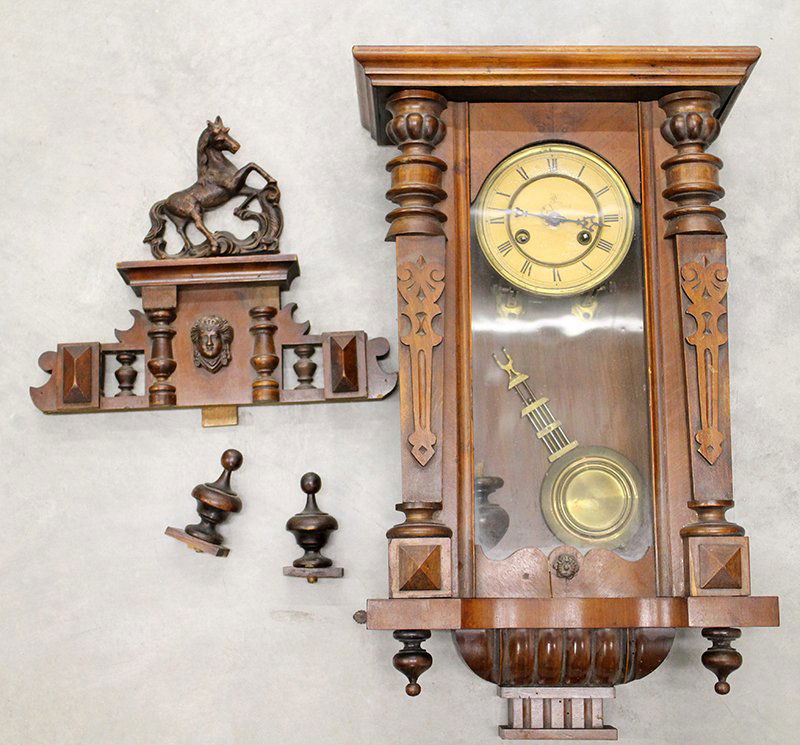 ANTIQUE GERMAN JUNGHANS CLOCK: Great clock for restoration. Clock measures approximately 34" tall 14" wide. Some losses and wear. Has not been tested.