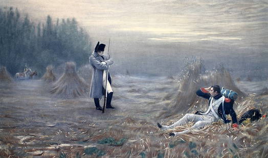 19TH CENTURY NAPOLEON C'EST L'EMPEREUR: Photogravure after Hugh de Twenebrokes Glazebrook. The scene depicts a sentinel in the Napoleon army that had fallen asleep and awakens to Napoleon catching him sleeping on duty. Measures 21 1/4" x 12