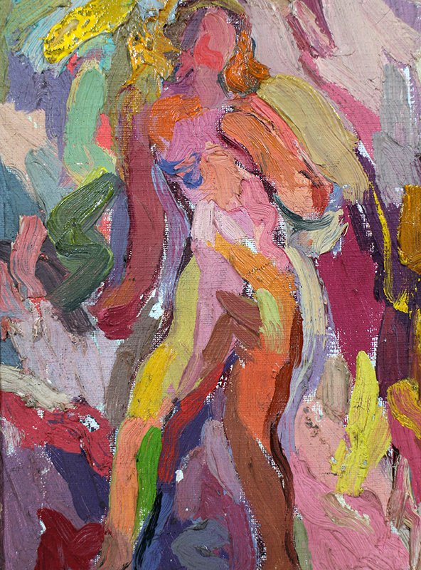EUGENIE BAIZERMAN NUDE OIL PAINTING: Eugenie Baizerman (New York/Poland 1899-1949) Modernist oil on canvas painting circa 1944. Measures 9.5" x 7"