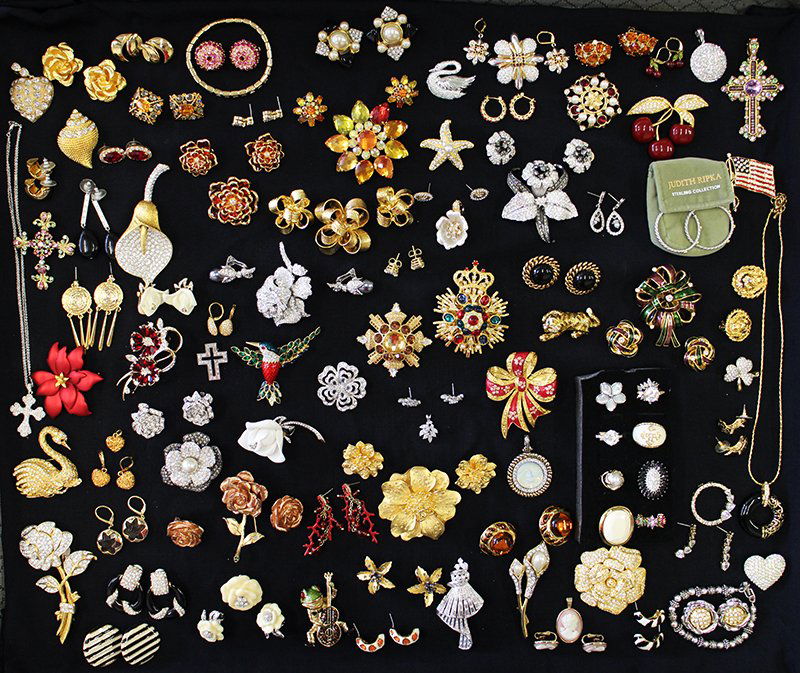 COSTUME JEWELRY COLLECTION: Assorted necklaces, brooches, rings, earrings, pendants & more. Lots of designer signed pieces including Joan Rivers, Nolan Miller, Trifari, JBL, Sterling & more