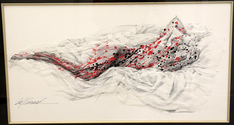 BILL MACK MIXED MEDIA: Bill Mack (American b.1949) Mixed media reclining nude female on paper. Signed lower left. Measures 14" x 25 1/2" and 37 1/4" x 25 1/4" with frame.