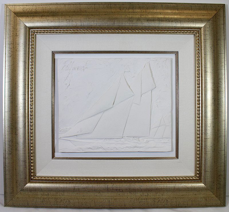 BILL MACK SAND PLAQUE: Bill Mack (American b.1949) Sand plaque of two sailboats. Signed upper left corner. Measures 10" x 12" and 24" x 22" with frame.