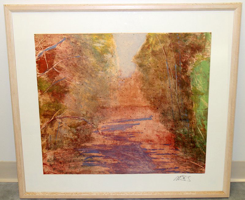 FORREST MOSES MONOTYPE: Forrest Lee Moses (American b.1934) Landscape monotype. Signed in pencil lower right. Measures 35" x 31 1/4" with frame.
