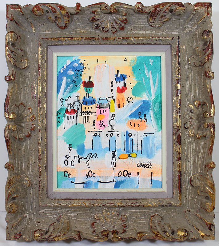 CHARLES COBELLE PAINTING: Charles Cobelle (French 1902-1998) Colorful French street scene painting. Measures 8" x 10" on canvas and 14 1/2" x 16 1/2" with frame.