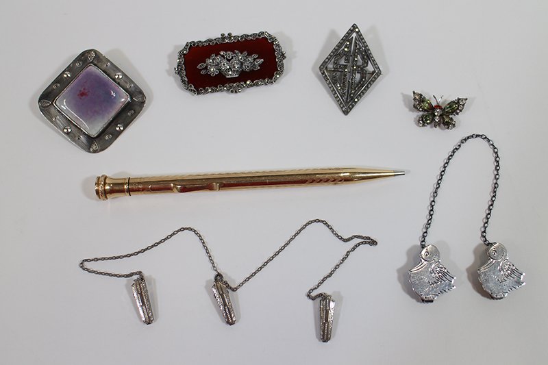 ANTIQUE & VINTAGE JEWELRY: Wahl eversharp pencil, Arts & Crafts John Ruskin brooch, Victorian sterling bib clips, carnelian marcasite brooch, butterfly pin.
