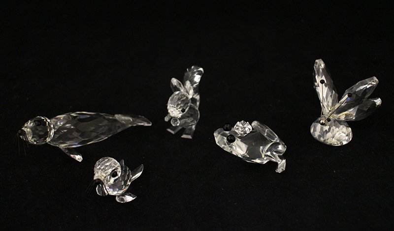 (5) SWAROVSKI CRYSTAL FIGURINES: Two seals, squirrel, butterfly, and frog.