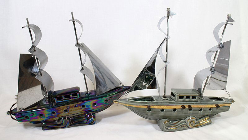 (2) VINTAGE 1950's SAILBOAT TV LAMPS: Mid Century electric sail boat television lamps. 16" x 14 1/2" One with missing toppers.