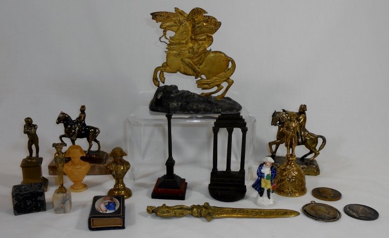 VINTAGE NAPOLEONIC MEMORABILIA: Nice collection of vintage Napoleon bronzes, statues, figurines, letter opener, medals and more.