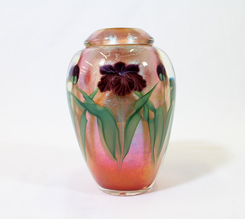 DANIEL SALAZAR ART GLASS VASE: Daniel Salazar Lundberg Studios art glass purple iris flower vase. Artist signed. 5 1/2" Tall.