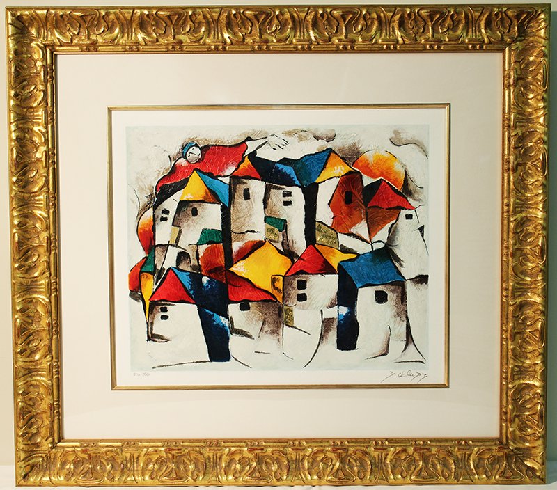 DAVID SCHLUSS SERIGRAPH: David Schluss (American b.1943) Serigraph titled "Tranquil Village" signed lower right in pencil and numbered 276/350. Measures 34" x 30 1/2" with frame. Includes COA.