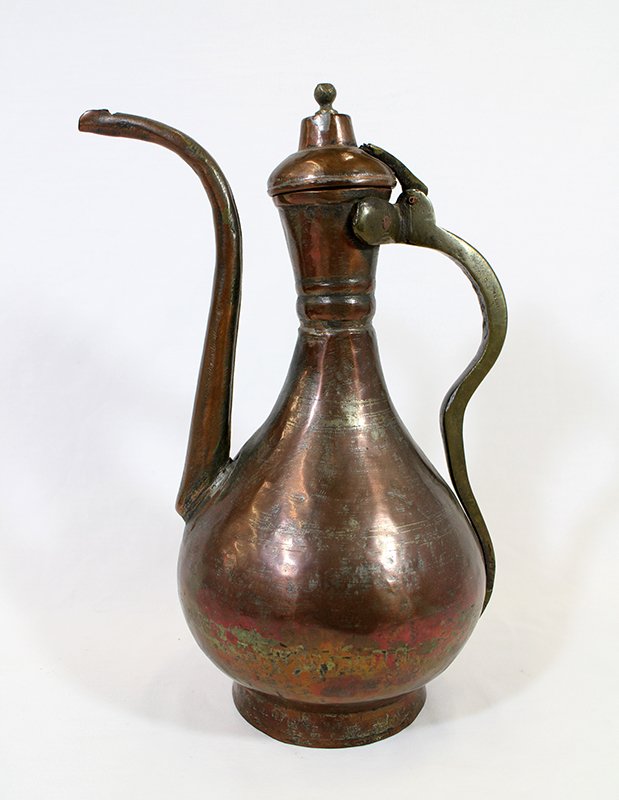 PERSIAN COFFEE POT: Tin plated copper Persian coffee pot. Measures 13 3/4" tall.