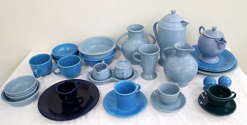BLUE FIESTAWARE COLLECTION: Assorted blue Fiesta ware collection including cups, bowls, plates, and more.