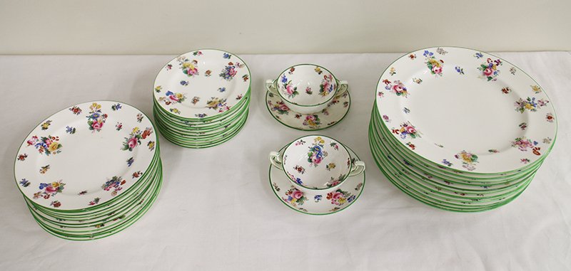 36 PIECE MINTON CHINA SET: Minton B907 floral china set including (11) 10 1/4" plates, (12) 6 1/8" plates, (11) 7 3/4" plates, and (2) bouillon cups.