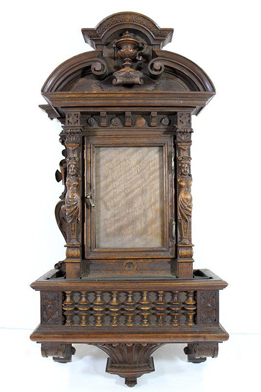 CARVED WOOD ALTAR BOX: Finely caved wood religious altar box. One door opens to reveal compartment. Middle has a metal insert for flowers. Believed to be a communion altar box. Some losses to top and side panel missing. Mea