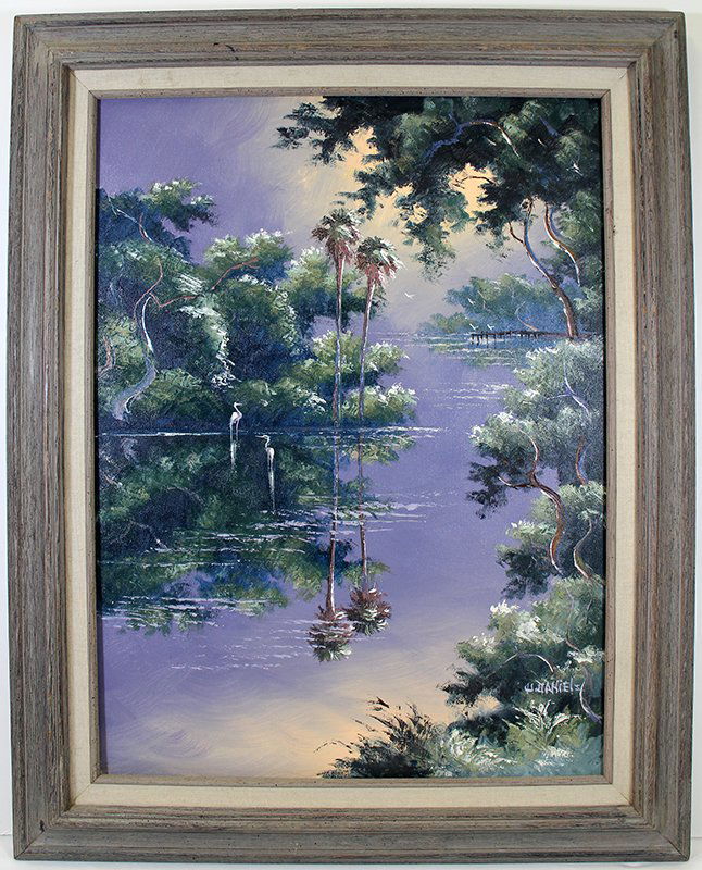 WILLIE DANIELS HIGHWAYMEN PAINTING: Willie Daniels Florida highwaymen painting of a lagoon with orange sunlight and mirrored reflections in the water. Measures 18" x 24" on canvas. Signed lower right.