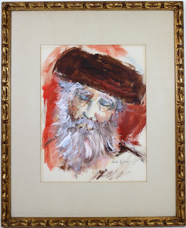 HAROLD KUSHNER PAINTING: Mixed media painting on paper of a man with a long beard. Signed Harold Kushner. Measures 13" x 10" in frame and 21 1/2" x 17 1/2" with frame.