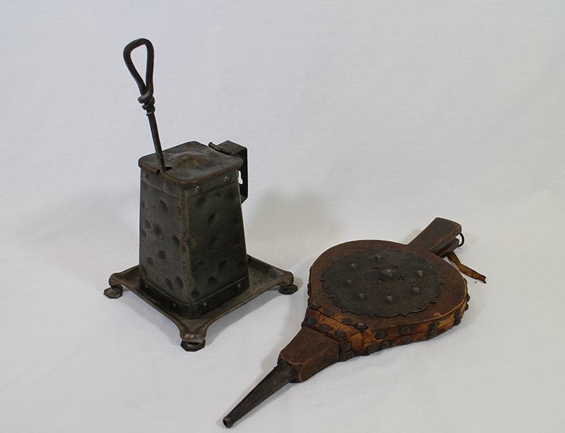 ARTS & CRAFTS FIRE STARTER & BELLOWS: Antique bellows and hand forged fire starter.