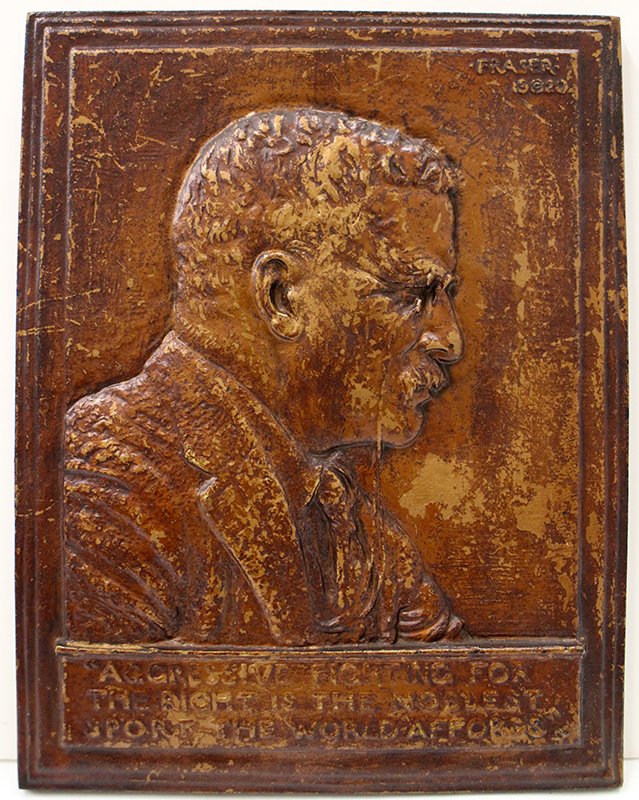 JAMES FRASER ROOSEVELT PLAQUE: James Earle Fraser (1876-1953) Teddy Roosevelt bust plaque with quote. Measures 10" x 12 3/4" wide.