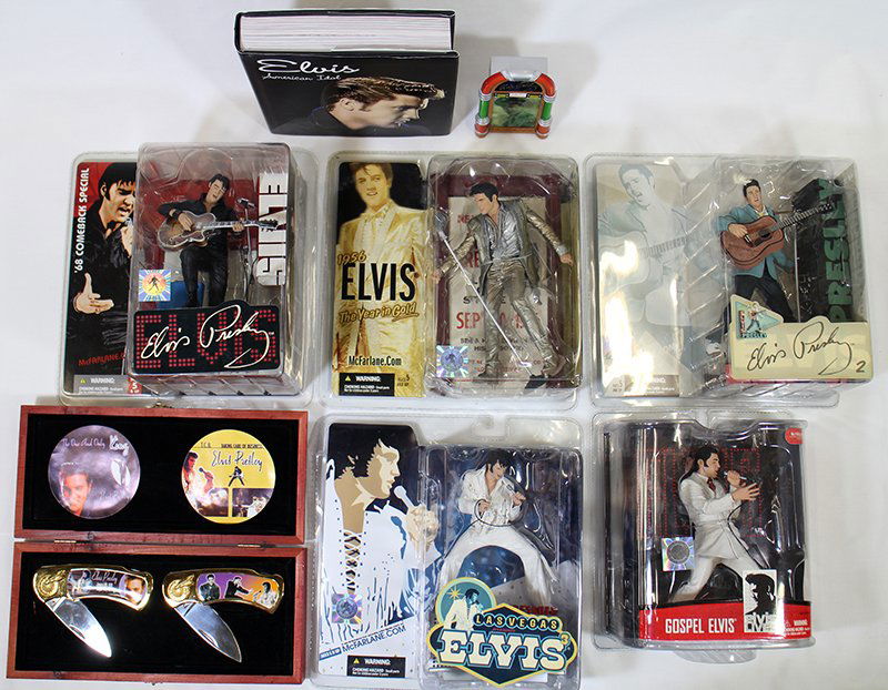 ELVIS PRESLEY COLLECTIBLES: Collection of Elvis collectibles including (5) Mcfarlane action figures of various Elvis performances, book, and knives.