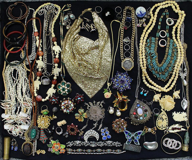 VINTAGE COSTUME JEWELRY: Nice assortment of jewelry to include 14K gold, sterling, Whiting & Davis mesh bib necklace, Austria, Frambois, Coro, Ciner, Sterling thimble, Bakelite Lucite, Espinosa, & more.