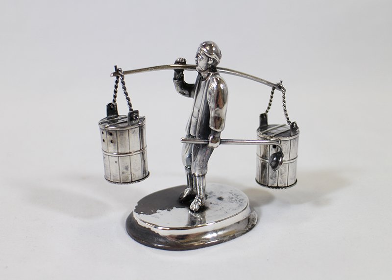 JAPANESE STERLING SILVER FIGURAL SALT & PEPPER: 950 Sterling Japanese man holding long pole with two buckets for salt & pepper. 2 7/8" tall. Some heavy tarnish to base.