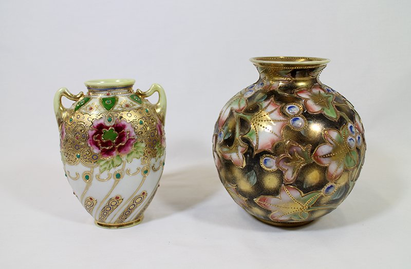 (2) NIPPON VASES: Two Nippon Japan vases, Coralene ? with raised design. 6" and 6 5/8" tall.