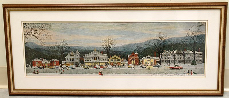 NORMAN ROCKWELL SIGNED PRINT: Norman Rockwell Christmas in Stockbridge, Massachusetts 1967. Signed sincerely, Norman Rockwell lower right in pen. Print 28 1/2" x 8 3/4" in frame and 35" x 15" with frame. Provenance: Inherited from