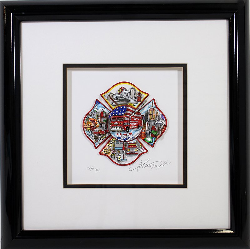 CHARLES FAZZINO 9/11 FIRE DEPARTMENT ART: Charles Fazzino (American b.1955) 3D Pop art from September 11th New York Fire Department remembering the heroes. Signed and numbered 106/450 DX. Measures 15 1/2" x 15 1/2" with frame.