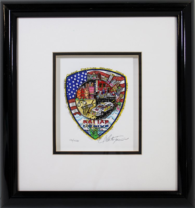 CHARLES FAZZINO POLICE ART: Charles Fazzino (American b.1955) 3D Pop art with Police theme from various cities with Liberty, Police car, American Flag, & more. Signed and numbered 102/450 DX. Measures 15 1/2" x 15 1/2" with fram
