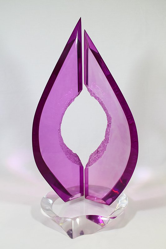 VAN TEAL LUCITE GEODE SCULPTURE: Modern Van Teal signed lucite sculpture in the shape of a geode. Clear base with pink geode. Signed in front. 21" tall.