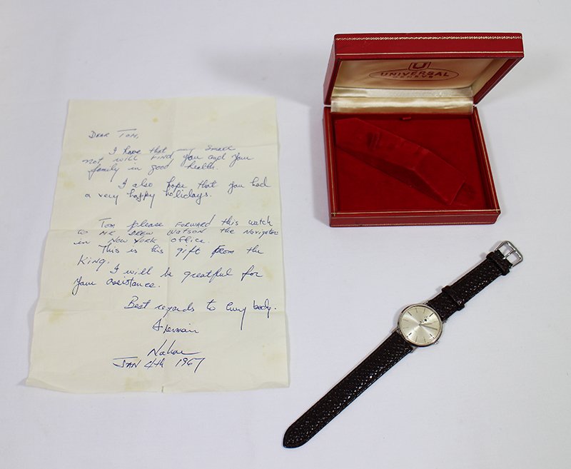 18K UNIVERSAL GENEVE SAUDI ARABIAN WATCH: Rare vintage 1960's 18K white gold Universal Geneve watch with Saudi Arabic dial having the coat of arms: a palm tree and crossed swords. This watch was given in 1967 as a gift from King Faisal and in