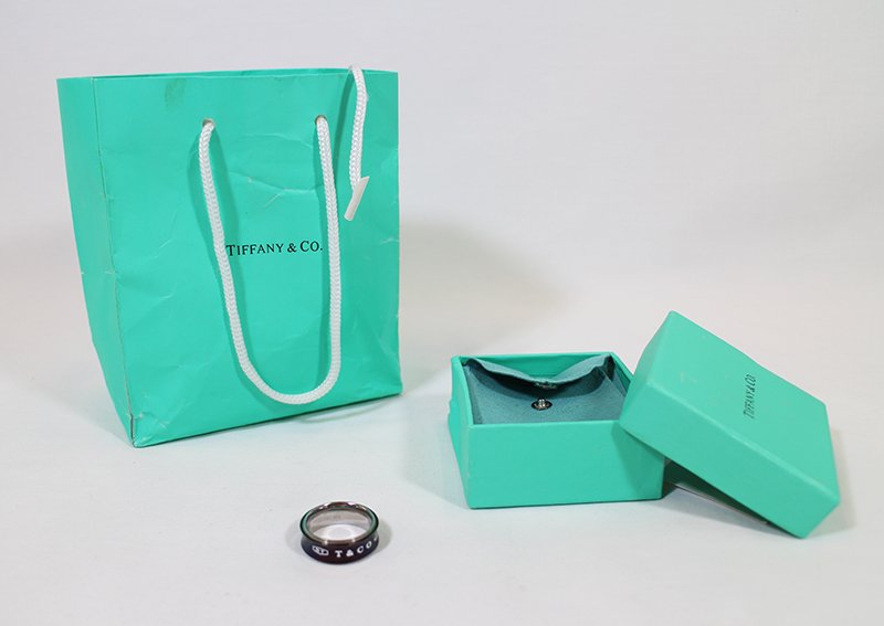 TIFFANY & CO 1837 STERLING & TITANIUM RING: Men's Tiffany & Co. sterling and titanium ring with box and pouch. Approximately size 11 3/4.