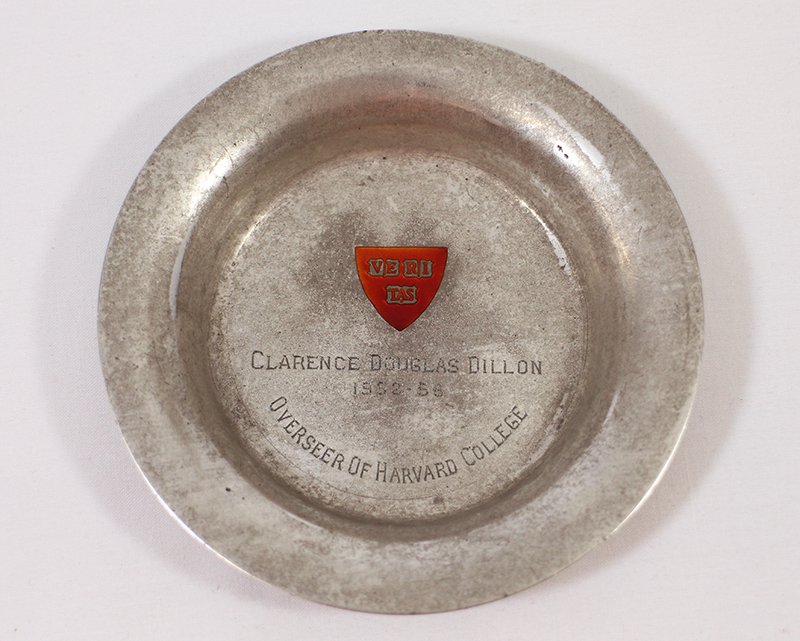 C. DOUGLAS DILLON STERLING HAVARD OVERSEER DISH: Sterling silver dish with enamel, given to Clarence Douglas Dillon (1909-2003) as Overseer of Harvard College 1952-1958. Dillon was a well known American diplomat and politician. 3 3/4" wide weighs 2.