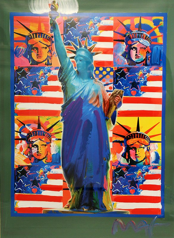 PETER MAX GOD BLESS AMERICA: Peter Max (b.1937) Pop art mixed media with acrylic painting and color lithography on paper. Signed in acrylic. Titled "God Bless America" with five Liberties. Measures 24" X 18" and framed 31.5" x 37