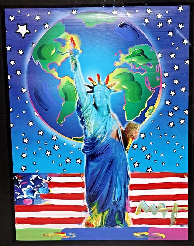 PETER MAX PEACE ON EARTH: Peter Max (b.1937) Pop art mixed media with acrylic painting and color lithography on paper. Signed in acrylic. Titled "Peace on Earth" with Liberty standing in front of a globe and American Flag. Mea