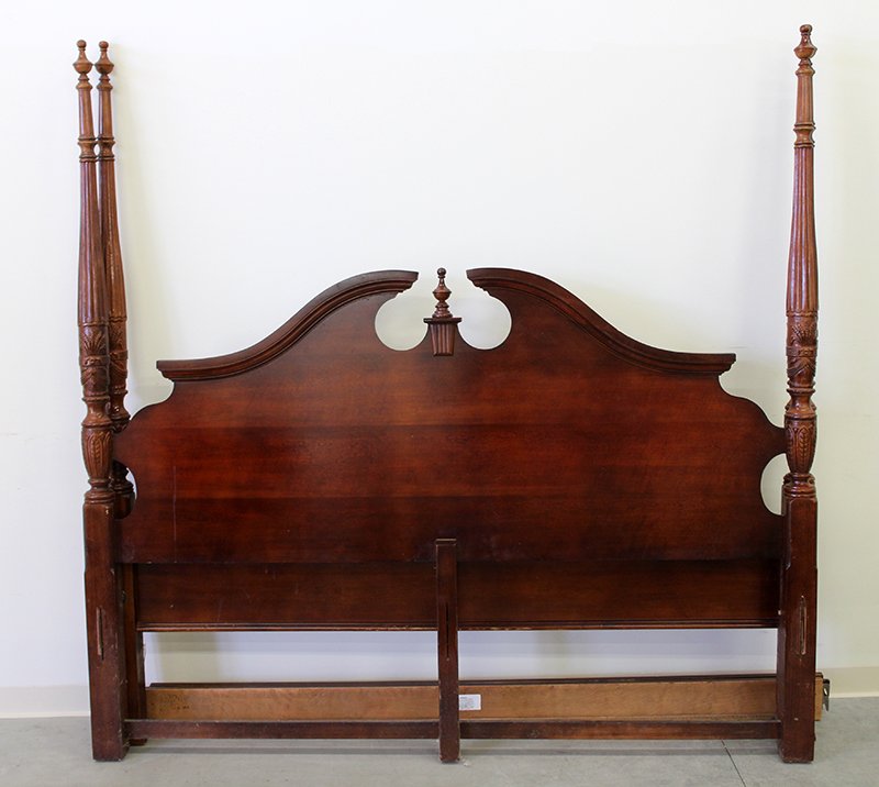 FOUR POSTER KING SIZE BED: Carved wood king size four poster bed. Headboard & footboard measure 82" tall 82" wide. Some losses/scratches to top of footboard.