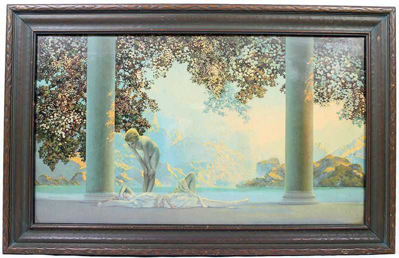 MAXFIELD PARRISH - DAYBREAK: Maxfield Parrish print titled "Daybreak." Measures 18" x 10 1/2" and 20 1/2" x 13" with original period frame.