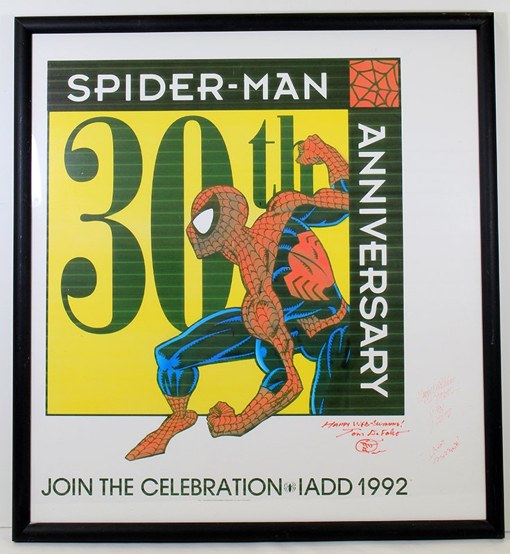 AUTOGRAPHED SPIDERMAN POSTER, BOOK & COMICS: 30th anniversary Spiderman poster from 1992 signed by Tom DeFalco (writer) Danny Fingeroth (editor) and John Romita (artist). Also included is a book signed by Alan Betrock (pop critic & record produc