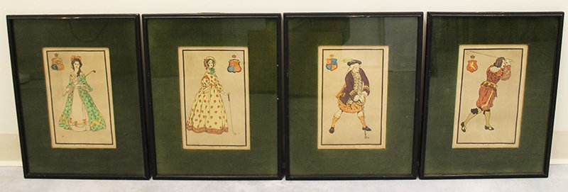 (4) F.T. RICHARDS COLORED GOLF PRINTS: Frederick Thompson Richards hand colored golf prints of 17th 18th & 19th century golfers. Published by Glamor Paris 1955. Prints measure 11" x 7" in frame and 13 1/2" x 17 1/2" with frame.