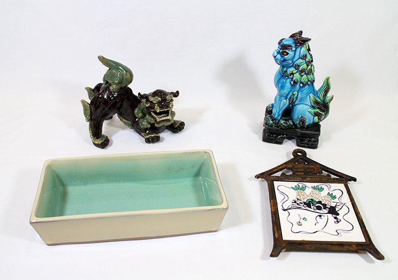 ORIENTAL POTTERY: (2) Foo Dogs, rectangle pottery bowl with incised hallmark, Japanese tile w/ trivet.
