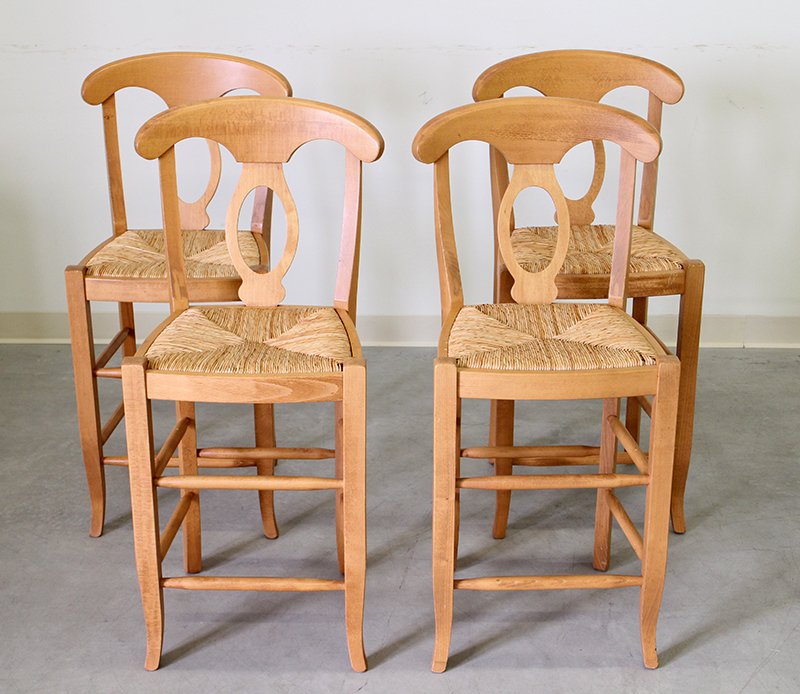 (4) POTTERY BARN CHAIRS: (4) Pottery Barn pine bar stool chairs with straw seats. 21 1/4" tall to seat 41" tall to back of chair.